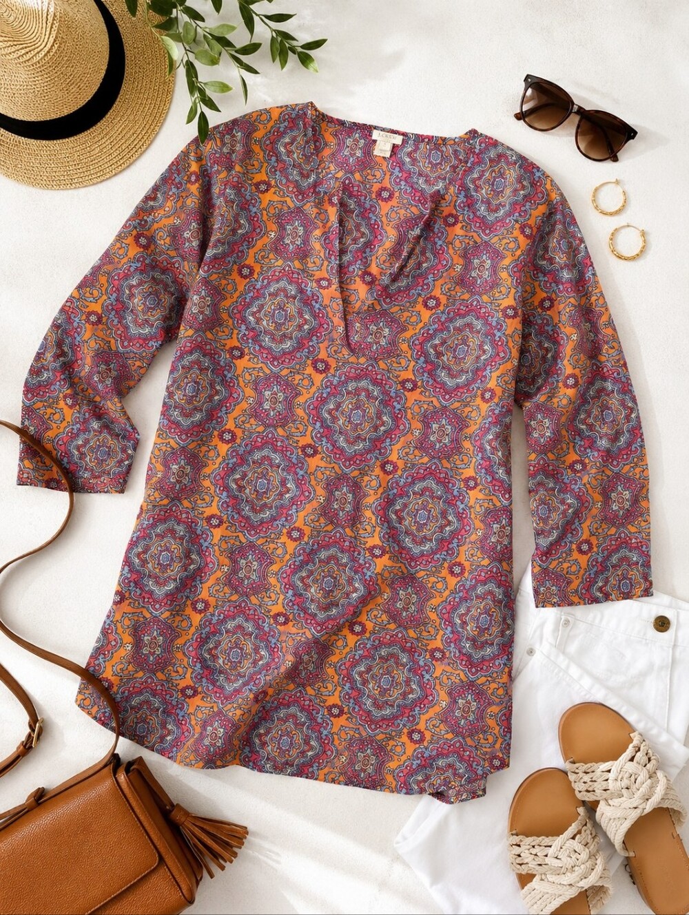 J.Crew Boho Tunic Top | Orange Pink Blue Print | 3/4 Sleeve Blouse | Size S